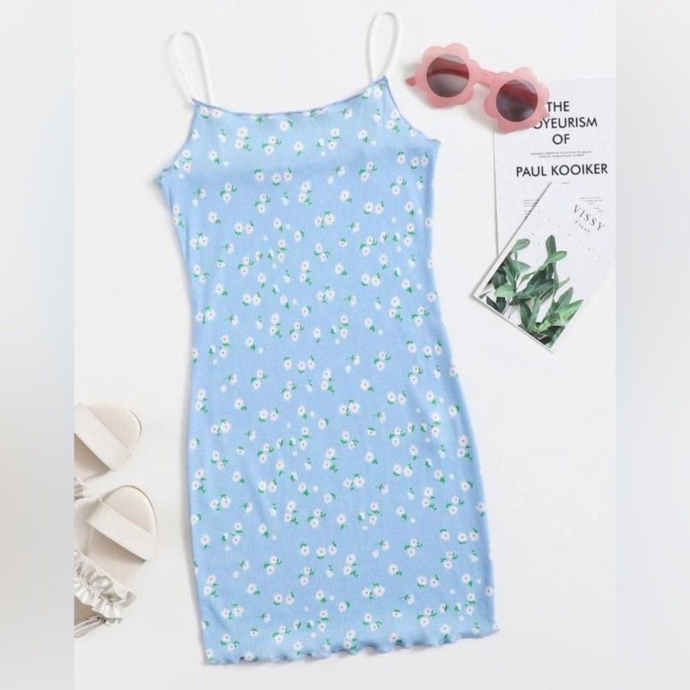 SHEIN Blue Ditsy Floral Bodycon Mini Dress - Size Small